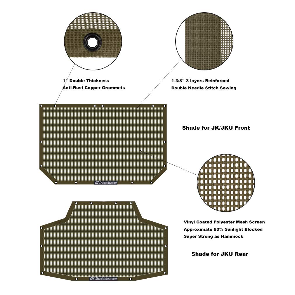 Shadeidea JK Sun Shade Top for Jeep Wrangler JKU (2007-2018) - Soft Mesh Roof Cover with UV Protection & Wind Noise Reduction - 4-Door 2-Piece Set in Tank Green - 10 Year Warranty - Perfect for Off-Roading, Beach Trips & Summer Adventures
