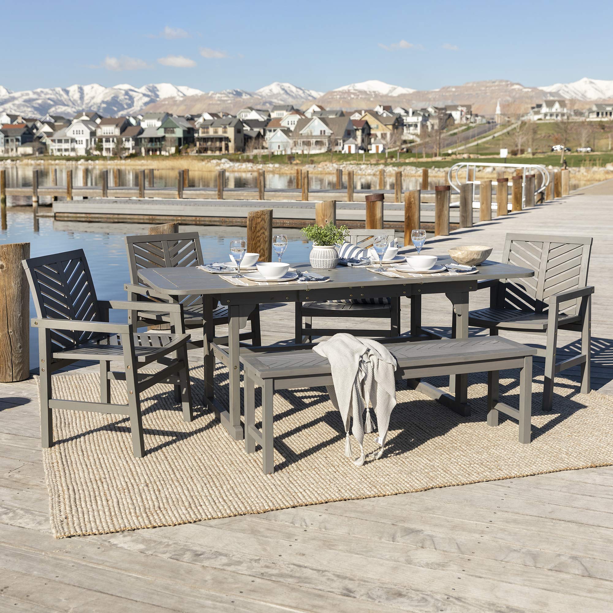Walker Edison 7-Piece Outdoor Wood Chevron Patio Dining Set with Extendable Table, Chairs & Bench - All-Weather Grey Furniture for Backyard, Garden, Poolside, Balcony | Perfect for Outdoor Entertaining & Family Gatherings