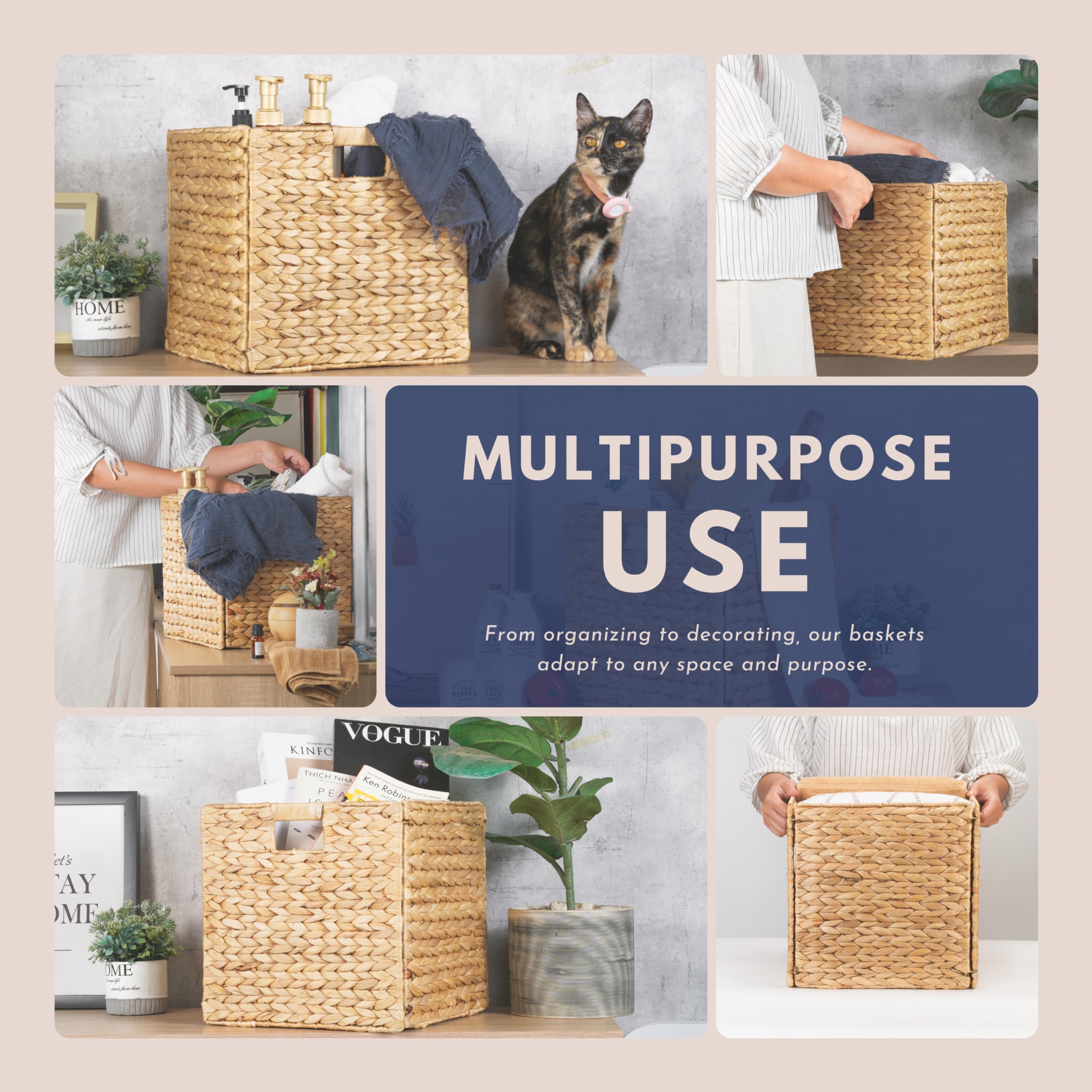 12x12 Foldable Handwoven Water Hyacinth Storage Basket - Natural Wicker Cube Organizer for Shelves, Laundry & Home Decor with Built-In Handles | Perfect for Bedroom Closet, Bathroom Towels & Nursery Organization
