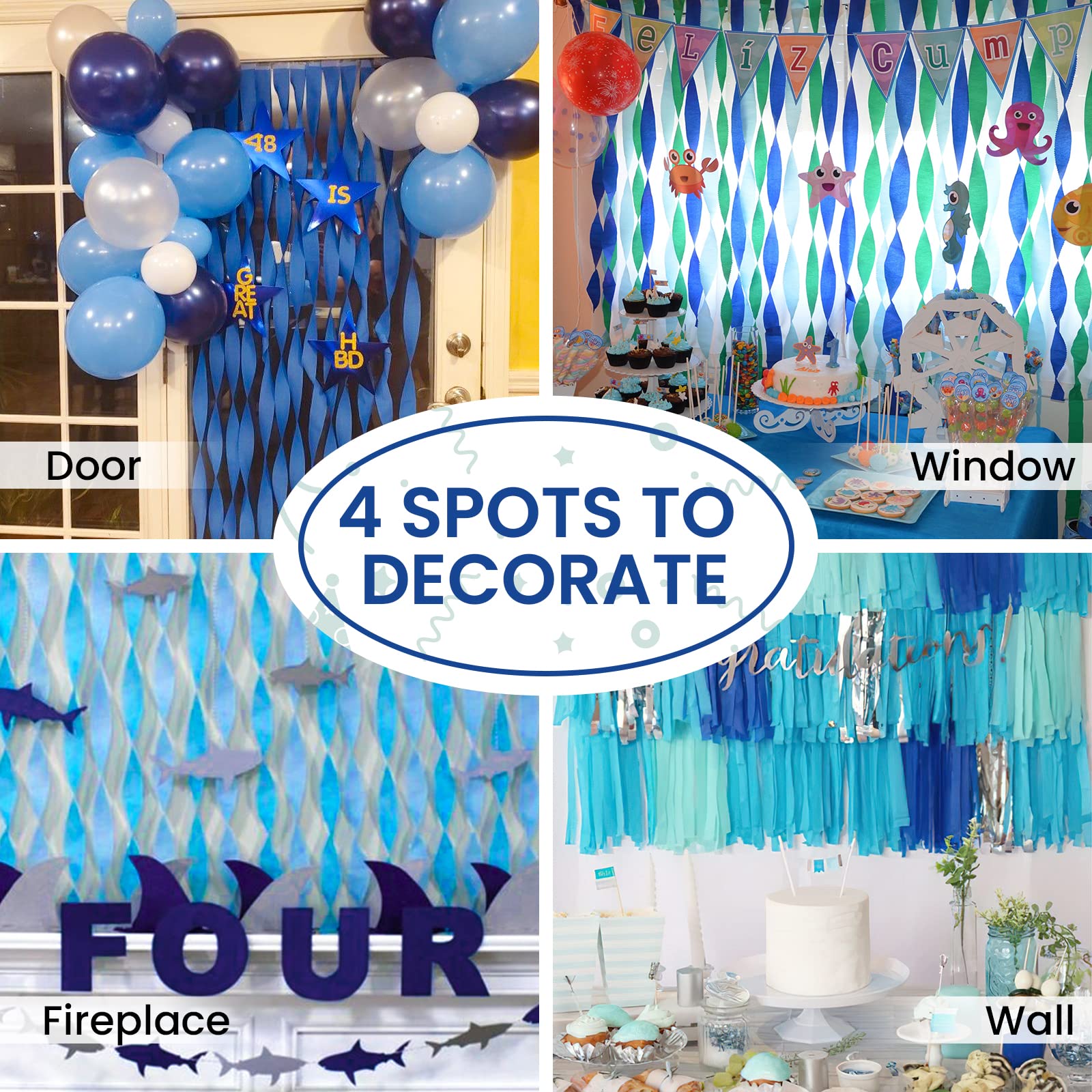 PartyWoo Crepe Paper Streamers 6 Rolls 492ft - White, Silver, Royal Blue, Light Blue - Perfect for Birthday Party Decorations, Wedding Backdrops, Baby Showers & DIY Craft Projects (1.8 Inch x 82 Ft/Roll)