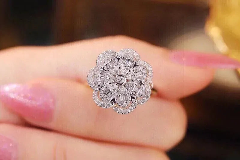 18K White Gold Flower Diamond Engagement Ring for Women - 0.90 Carat Natural Diamond Wedding Ring | Luxury Bridal Jewelry for Proposals, Anniversaries & Special Occasions