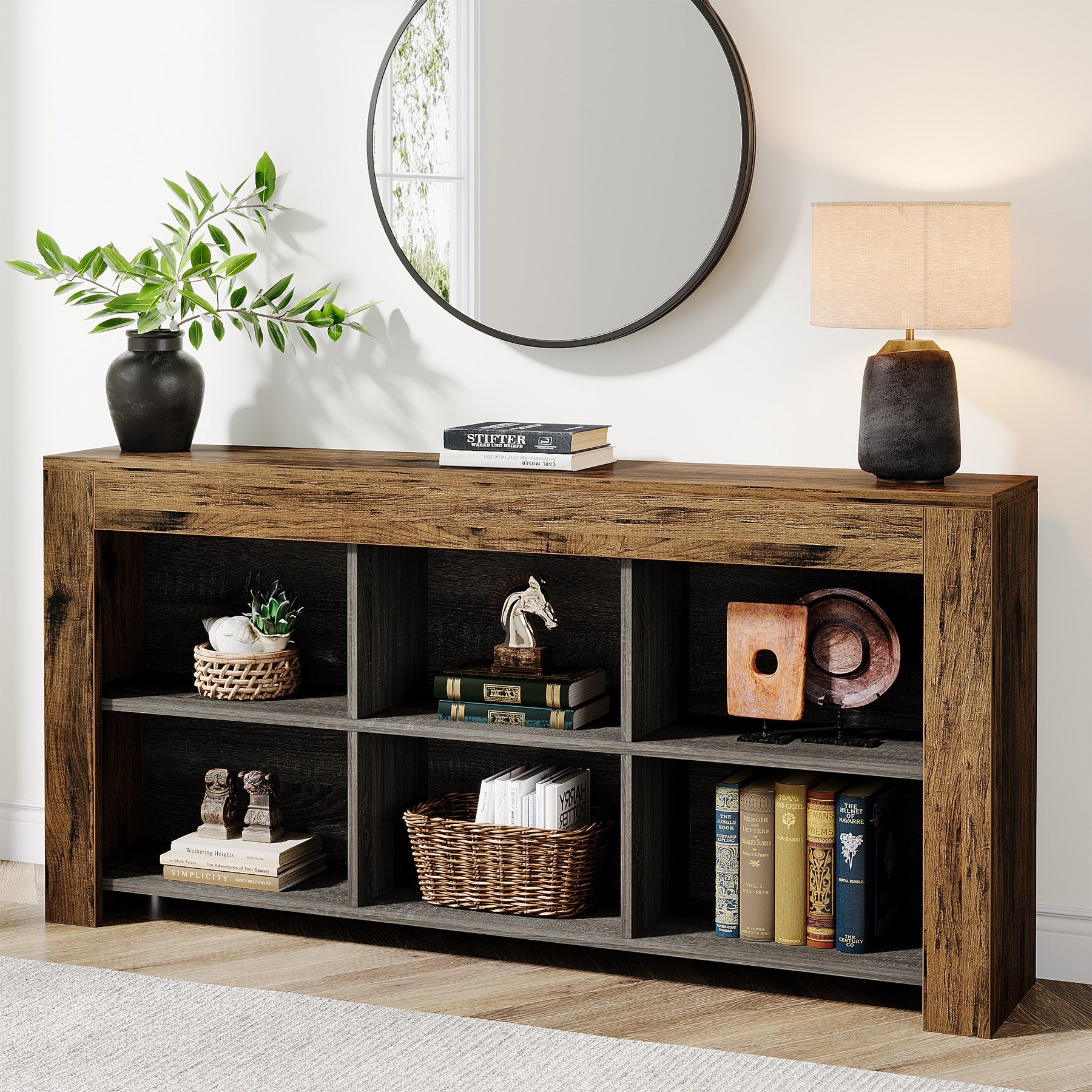 Rustic Wood Sofa Table with 6 Storage Cubes - Entryway Console Table for Living Room, Hallway & Home Decor