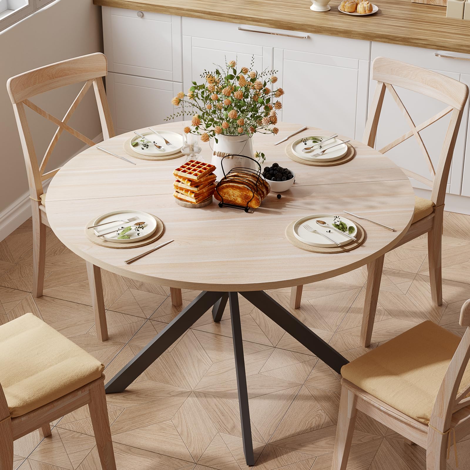 ChooChoo 47.2 Inch Round Wood Dining Table for 4, Natural Kitchen Table, Perfect for Home Kitchen, Dining Room, and Small Space Gatherings