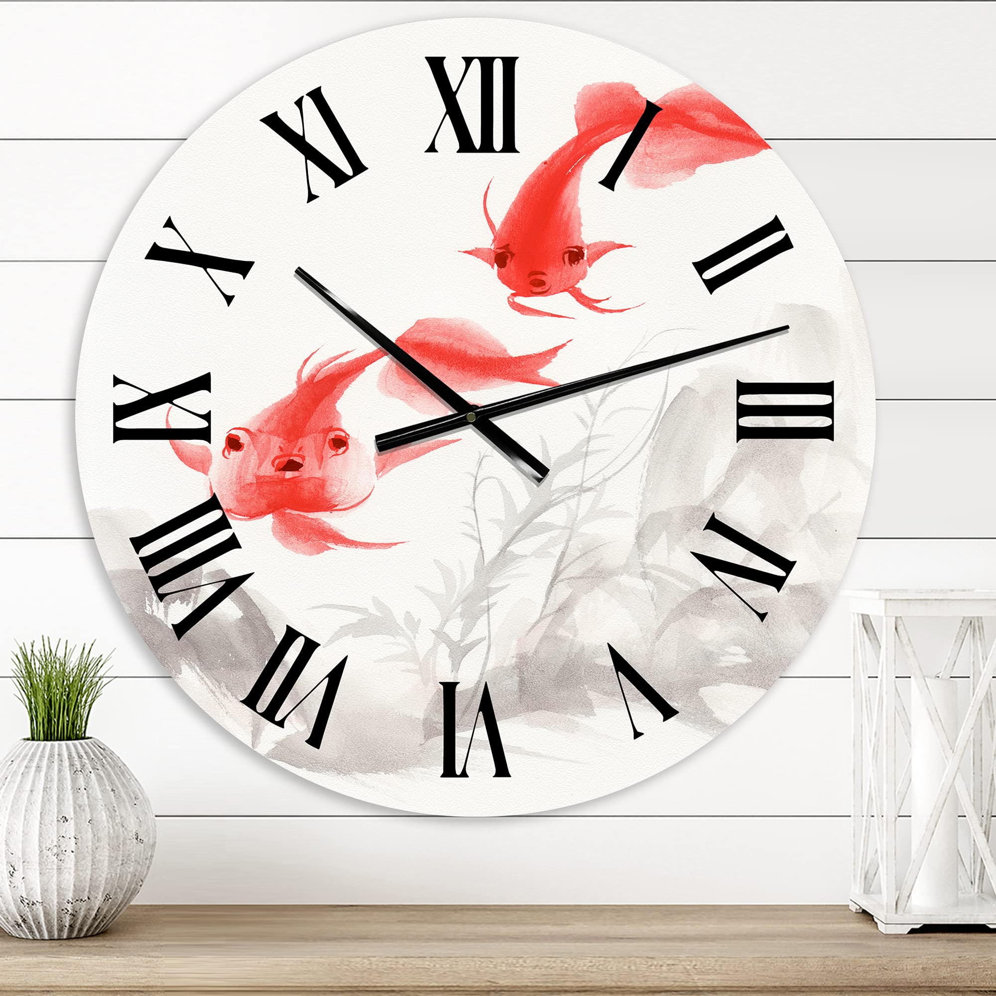 DesignQ Vintage Gold Fishes Nautical Coastal Wall Clock - Large Decorative Clock for Office, Living Room & Beach House Decor | Silent Non-Ticking Home & Workplace Wall Art