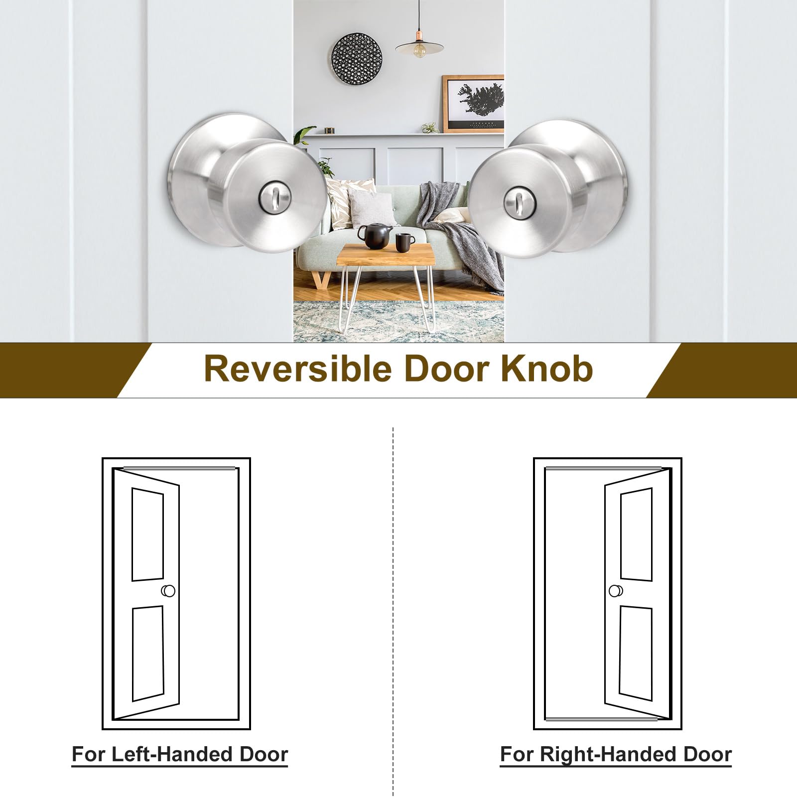 **Keyless Privacy Door Knob with Lock - Round Ball Interior Door Handle in Satin Nickel for Bedroom, Bathroom & Home Security - Perfect for Privacy & Safety**