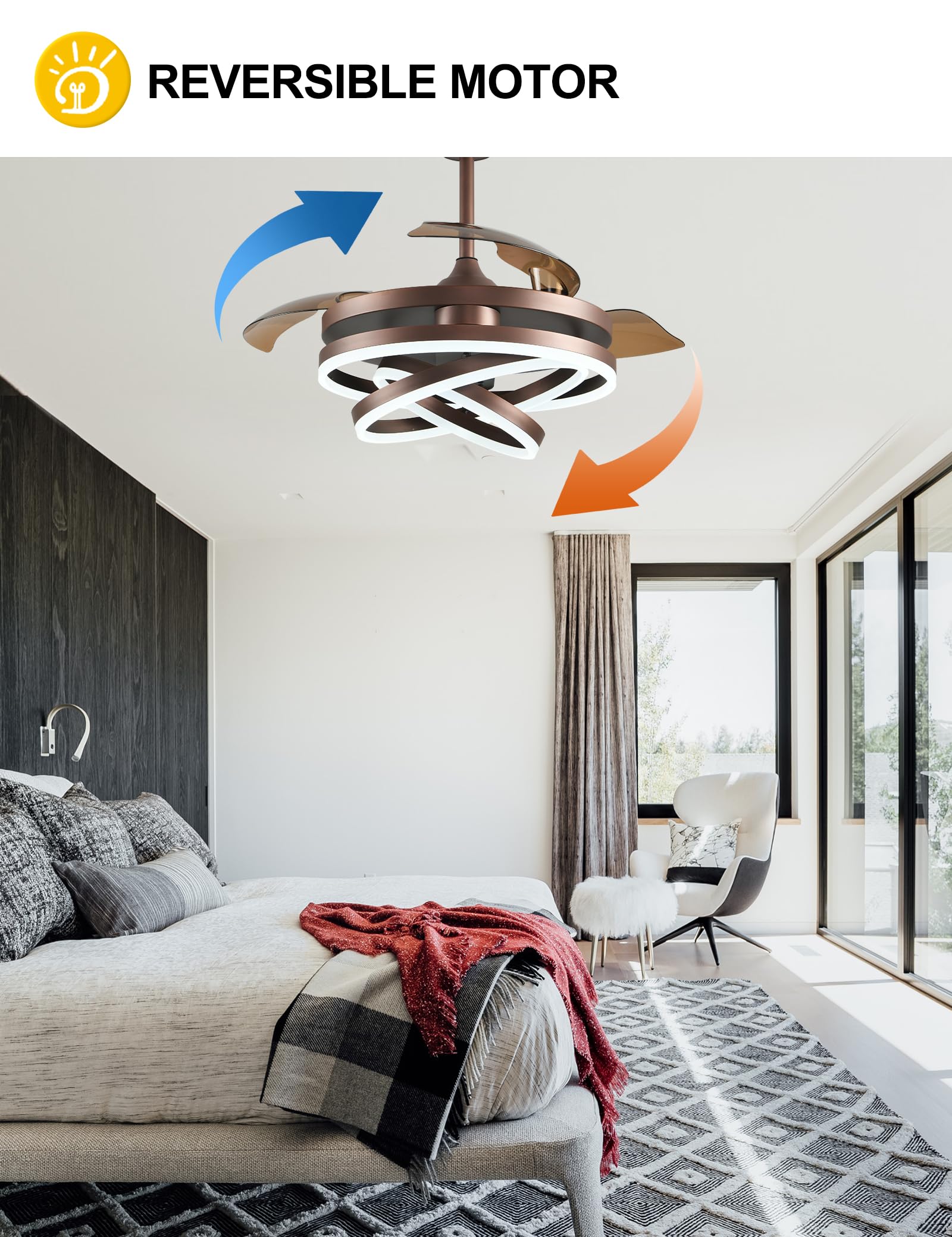 42 Inch Retractable Ceiling Fan with Remote Control - Modern DC Motor Silent Ceiling Fan with Adjustable LED Color Lighting, 6 Speed Settings & Retractable Blades (Brown) - Perfect for Living Room, Bedroom and Office Spaces