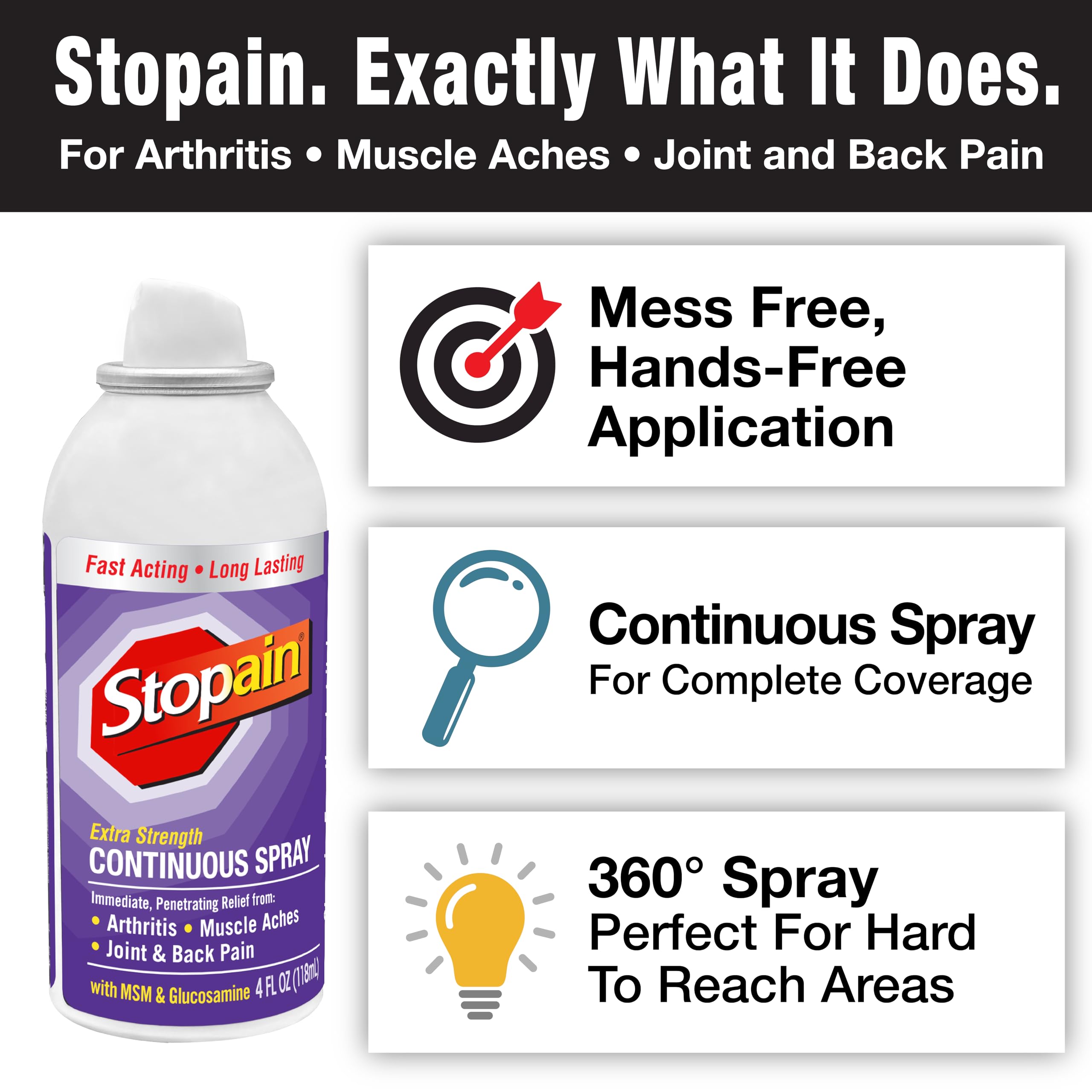 Stopain Pain Relief Spray - 4oz (3 Pack) | Fast-Acting Max Strength with MSM, Glucosamine & Menthol | USA Made Topical Analgesic for Arthritis, Back, Knee & Neck Pain | HSA/FSA Approved | Perfect for Post-Workout Recovery & Chronic Pain Management