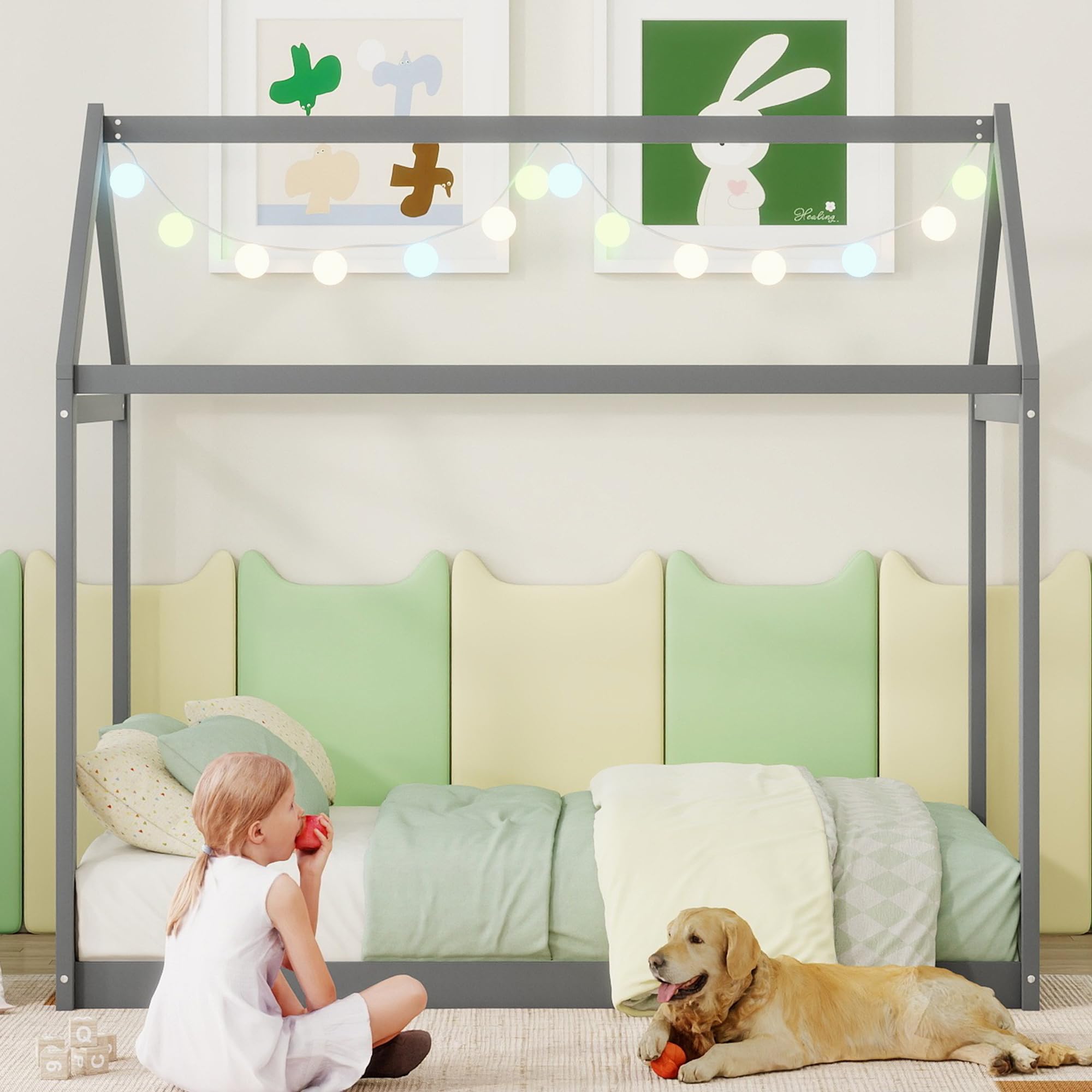 Bellemave Twin Size Kids House Floor Bed - Solid Pine Wood Montessori Bed for Toddlers & Children (Gray) - Perfect for Playrooms, Bedrooms & Montessori Learning Spaces