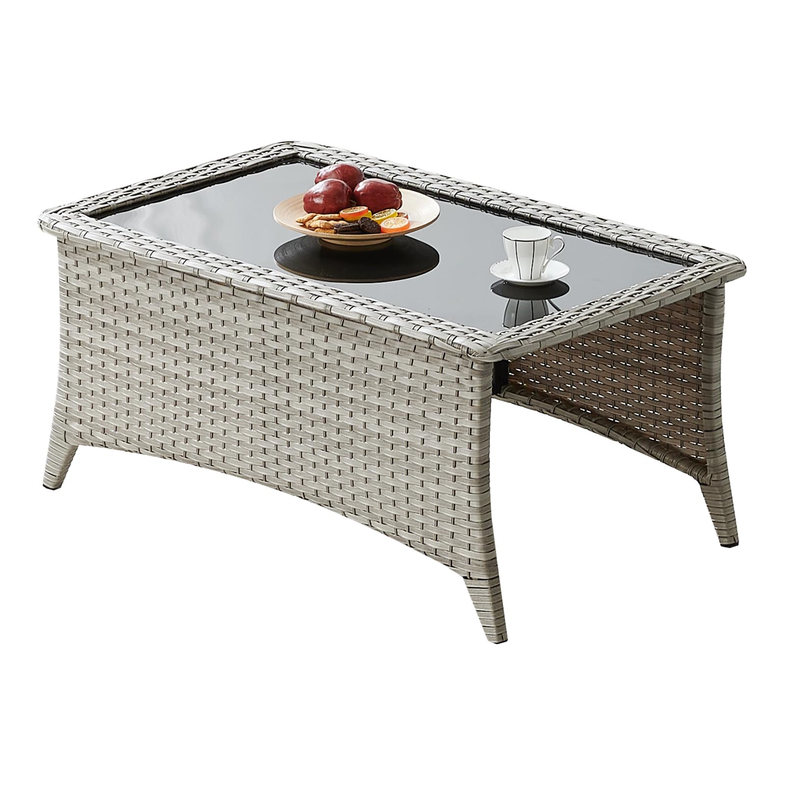 Outdoor Wicker Coffee Table with Glass Top - Light Grey Rattan Patio Table for Deck, Balcony or Porch | Perfect for Relaxing, Entertaining & Outdoor Dining