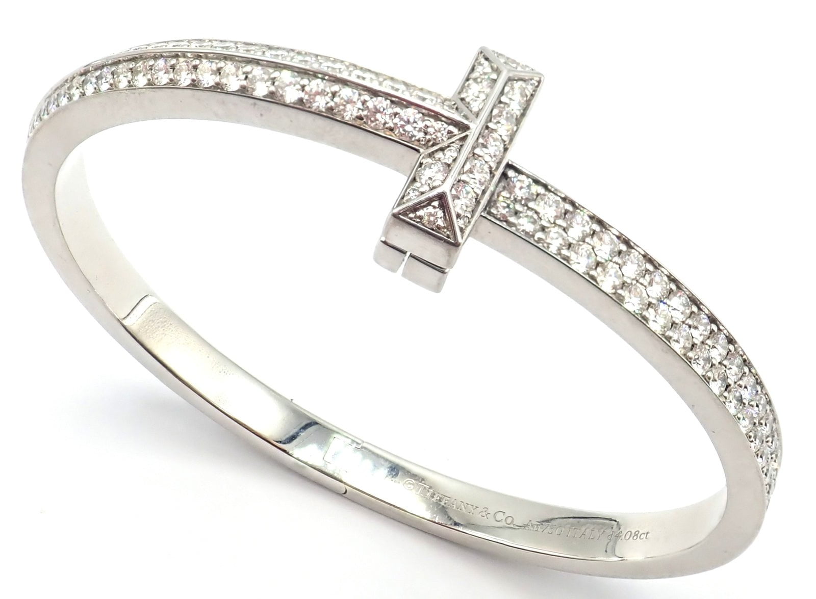 Authentic Tiffany & Co 18k White Gold Diamond T1 Wide Hinged Bangle Bracelet - Luxury Jewelry for Women, Perfect for Weddings, Anniversaries & Special Occasions