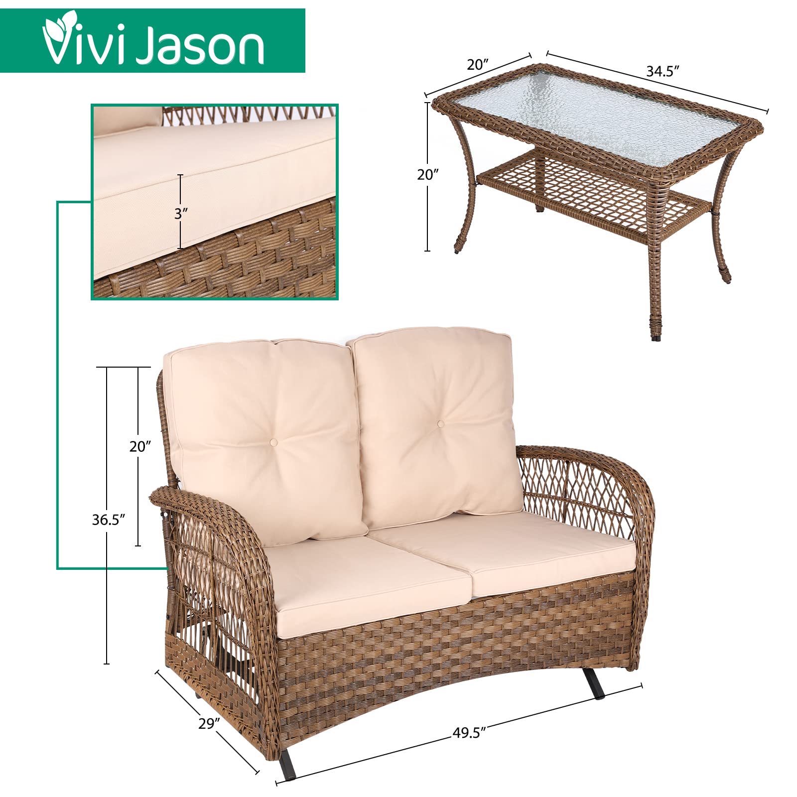 VIVIJASON 2-Piece Outdoor Wicker Loveseat Glider Set with Cushions - Patio Conversation Furniture for Porch, Garden & Poolside - Includes 2-Seater Glider Rocking Bench & Coffee Table - Light Brown - Perfect for Relaxing, Entertaining & Outdoor Lounging