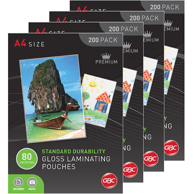 4 Pack GBC Laminating Pouches 80 Micron A4 Clear - 200 Sheets Bulk for Document Protection, School Projects & Office Use