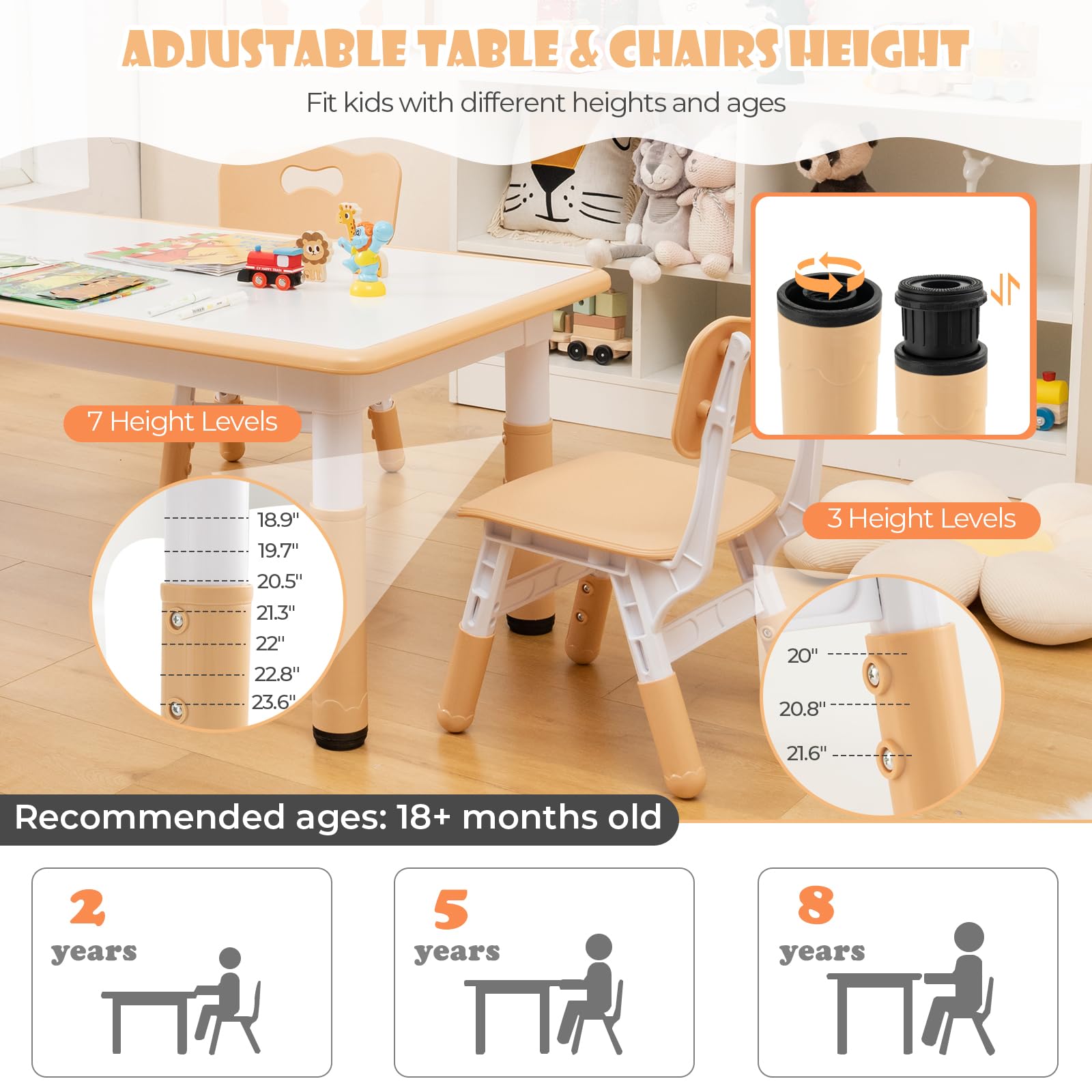 KOTEK Adjustable Kids Table and Chair Set of 4 - Children's Activity & Play Table with Graffiti-Proof Desktop - Toddler Furniture for Playroom, Home, Daycare & Preschool - Supports 220lbs (Natural) - Perfect for Arts & Crafts, Snack Time & Learning Activities