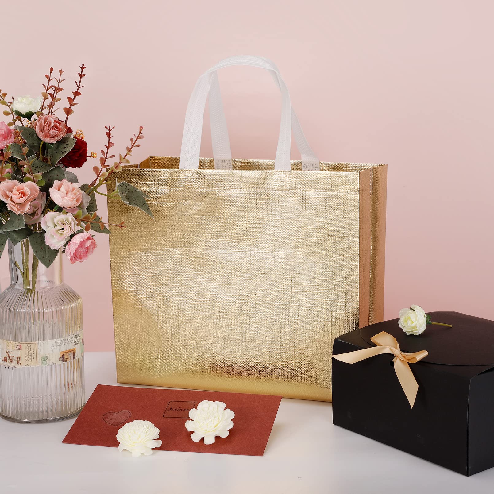 12-Piece Reusable Gift Bags Set - Glossy Tote Bags with Handles, Eco-Friendly Non-Woven Foldable Shopping Bags for Groceries, Bridesmaid Gifts & Party Favors - Perfect for Weddings, Birthdays & Holiday Gift Wrapping