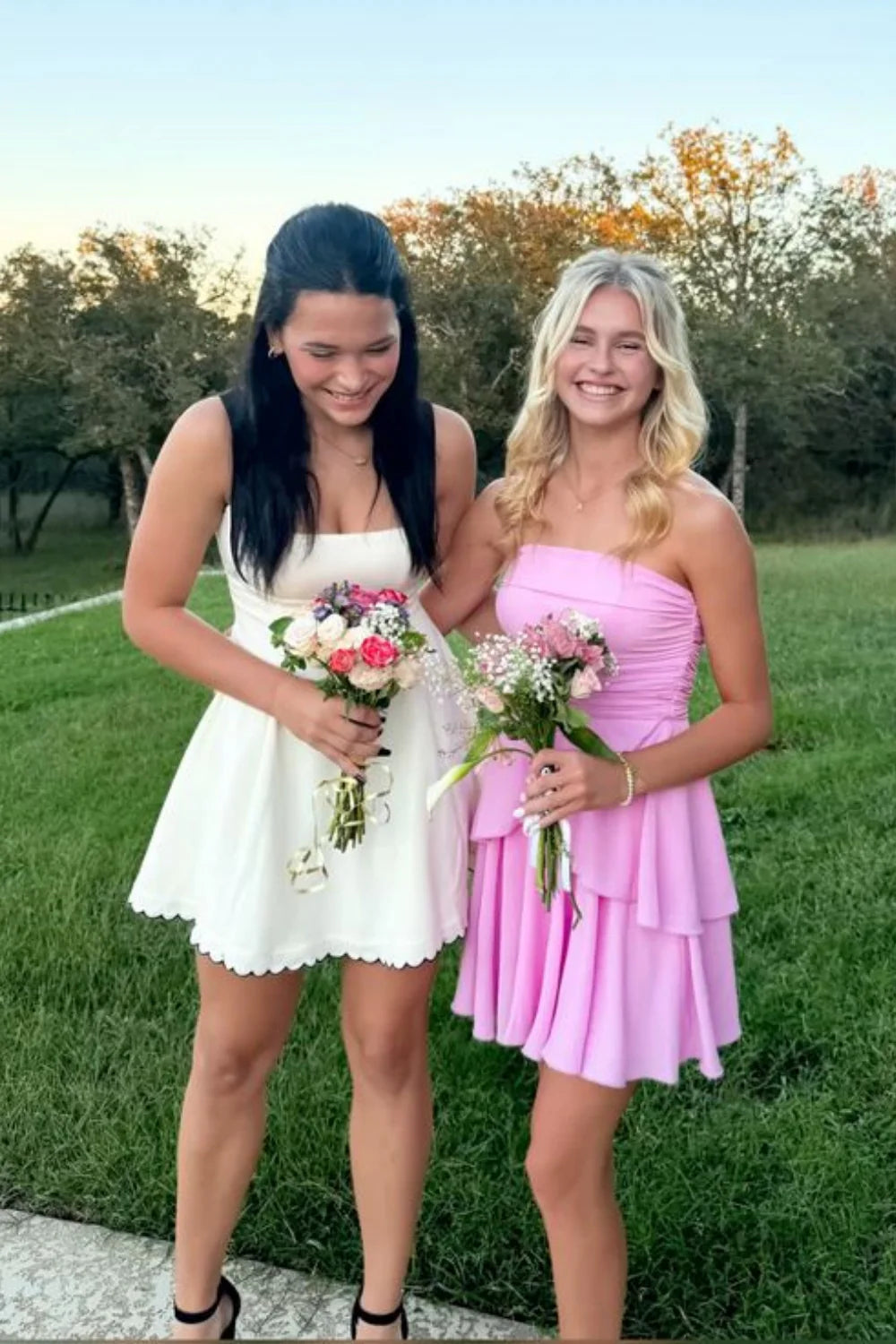 Elegant Pink Chiffon Short Homecoming Dress - Strapless Ruched Design with Flowy Ruffle Details | Perfect for Prom, Party, and Special Occasions