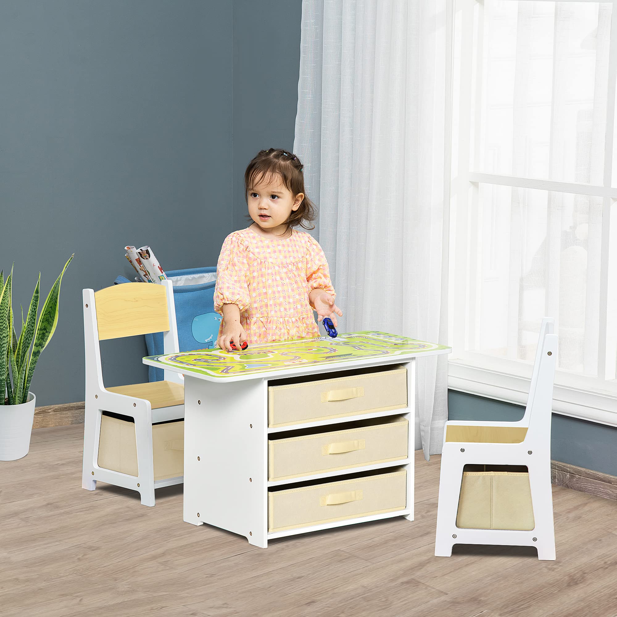 Qaba 3-in-1 Kids Activity Table and Chairs Set - Convertible Drawing Table, Building Blocks Play Table with Road Map & 2 Toy Cars, Includes Storage Baskets for Toddlers & Preschoolers - Perfect for Playroom, Daycare & Homeschool Learning Activities