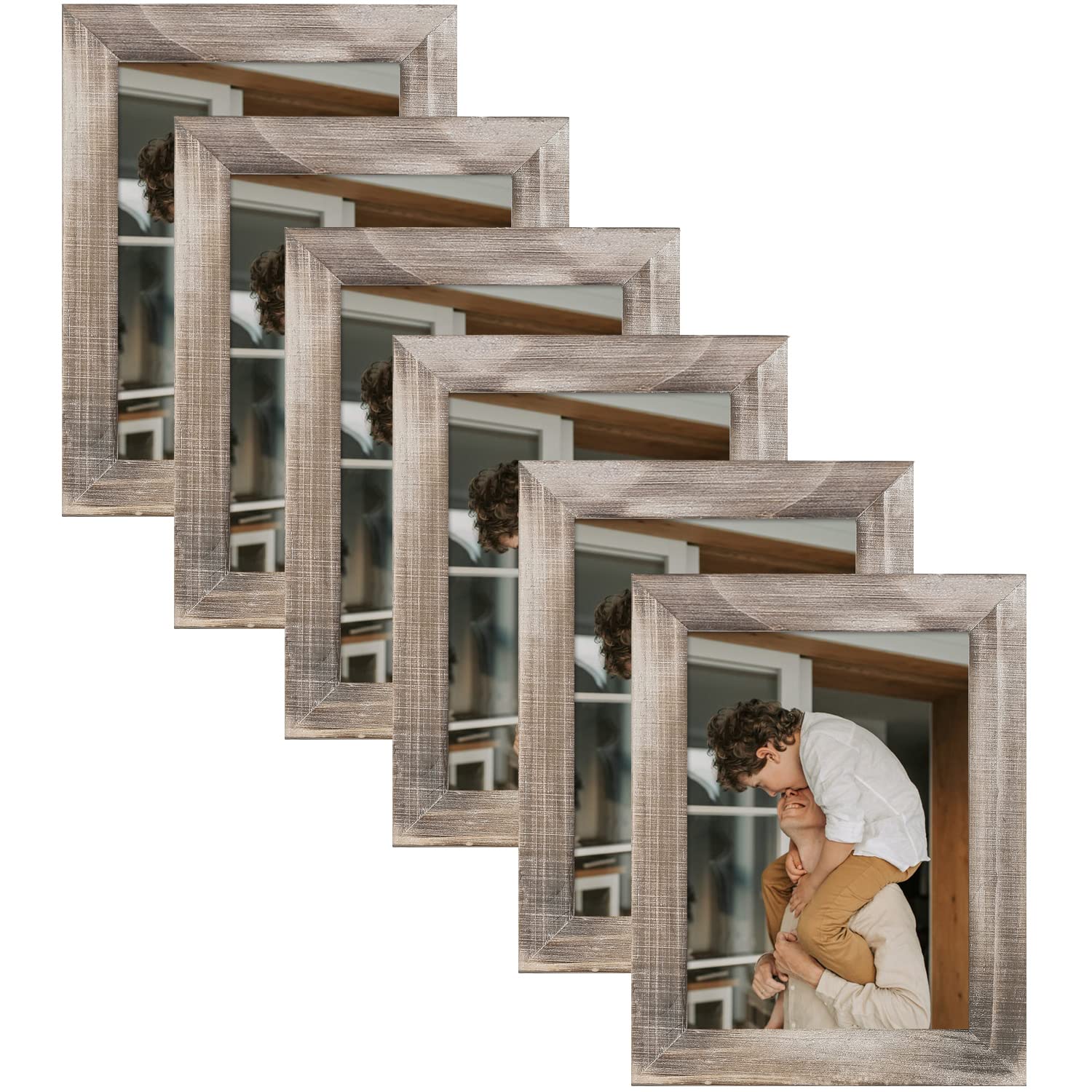 Adeco 6-Pack 5x7 Inch Handcrafted Distressed Wooden Picture Frames - Rustic Farmhouse Wall Decor for Photos, Wall Hanging & Tabletop Display - Set of 6 Natural Wood Frames for Home, Office & Wedding Decor