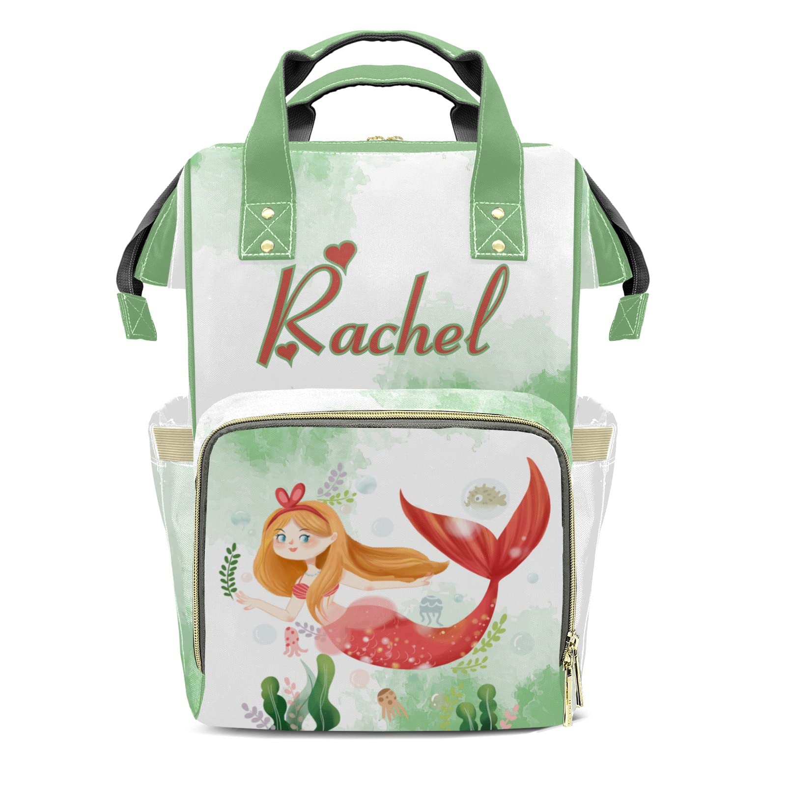 Custom Personalized Mermaid Watercolor Green Mummy Diaper Backpack - Name Embossed Nappy Bag for Baby Essentials | Perfect for Travel, Daycare & On-the-Go Parents