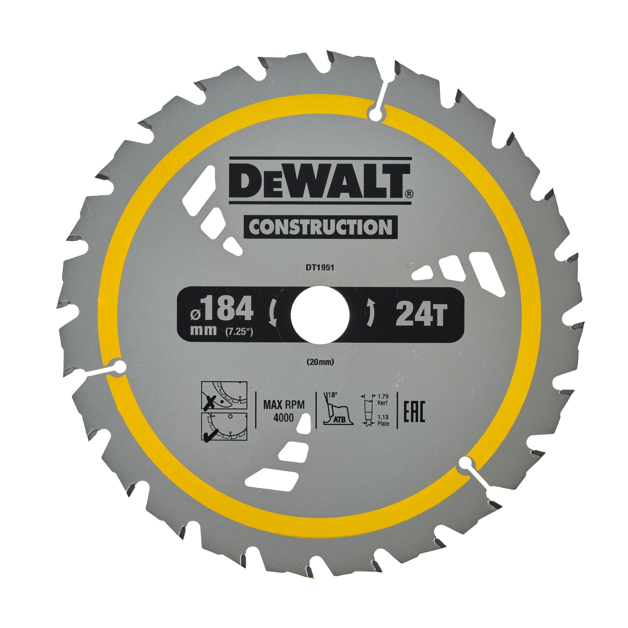 DEWALT DT1951-QZ 24-Tooth 7-1/4 Inch Circular Saw Blade (184x20mm) – Perfect for Woodworking, Plywood & MDF Cutting