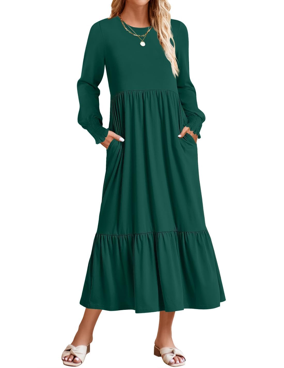 ZESICA Women's Long Sleeve Pleated Swing Dress - Crewneck Casual Tiered Midi Dress with Pockets for Spring 2025 | Perfect for Office, Brunch & Date Nights
