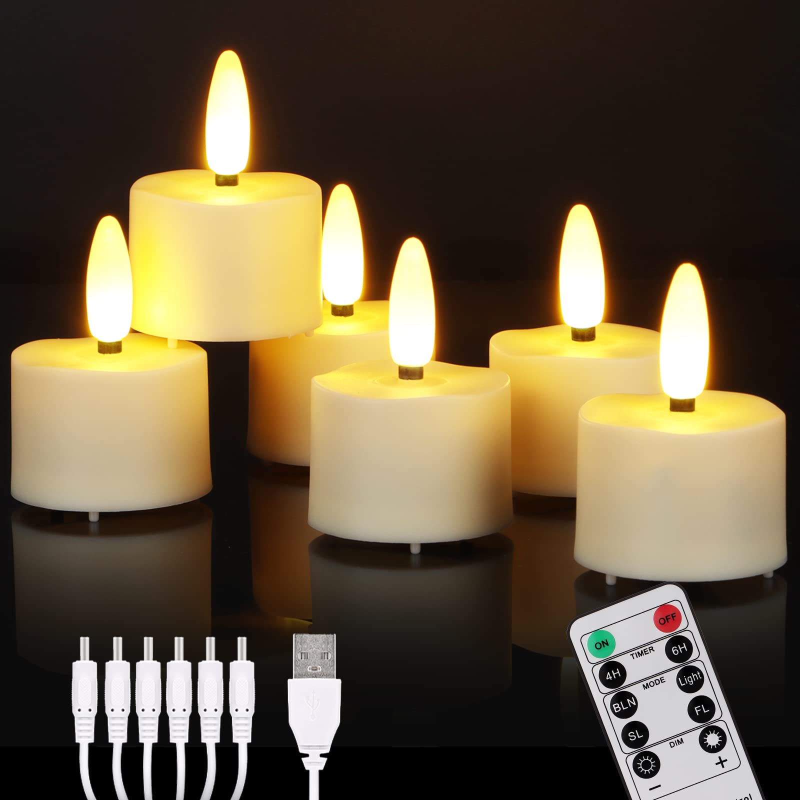 ZIYOODOLI 6-Pack USB Rechargeable LED Candles with Remote Control, Timer & Flickering Flame - Warm White Light, Dimmable Electric Candles for Christmas, Halloween, Home Decor, Parties & Romantic Dinners
