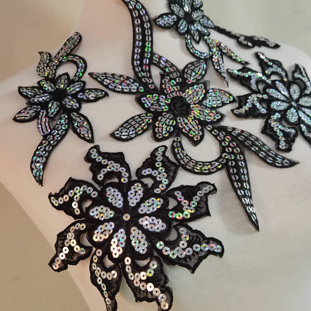 Flower Embroidery Iron On Patch with Sequin & Beaded Design - Black Embroidered Applique for Jackets, Jeans, Bags & DIY Clothing Customization | Perfect for Denim Jackets, Backpacks & Fashion Upcycling