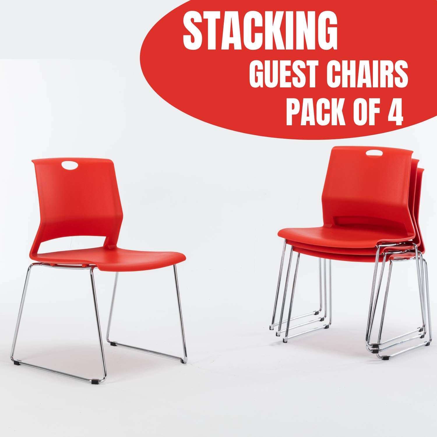 Ergonomic Office Guest Chair with Sled Base - Plastic Stacking Chair Without Wheels - Reception, Conference & Waiting Room Chairs - Red (4 Pack) - Perfect for Office Spaces, Meeting Rooms & Lobby Areas