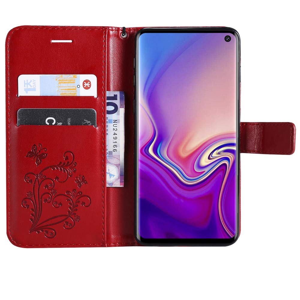 Samsung Galaxy S10 Butterfly Embossed Magnetic Clasp Wallet Case with Hand Strap - Stylish Red Protective Cover for Women, Perfect for Daily Use & Travel Accessories