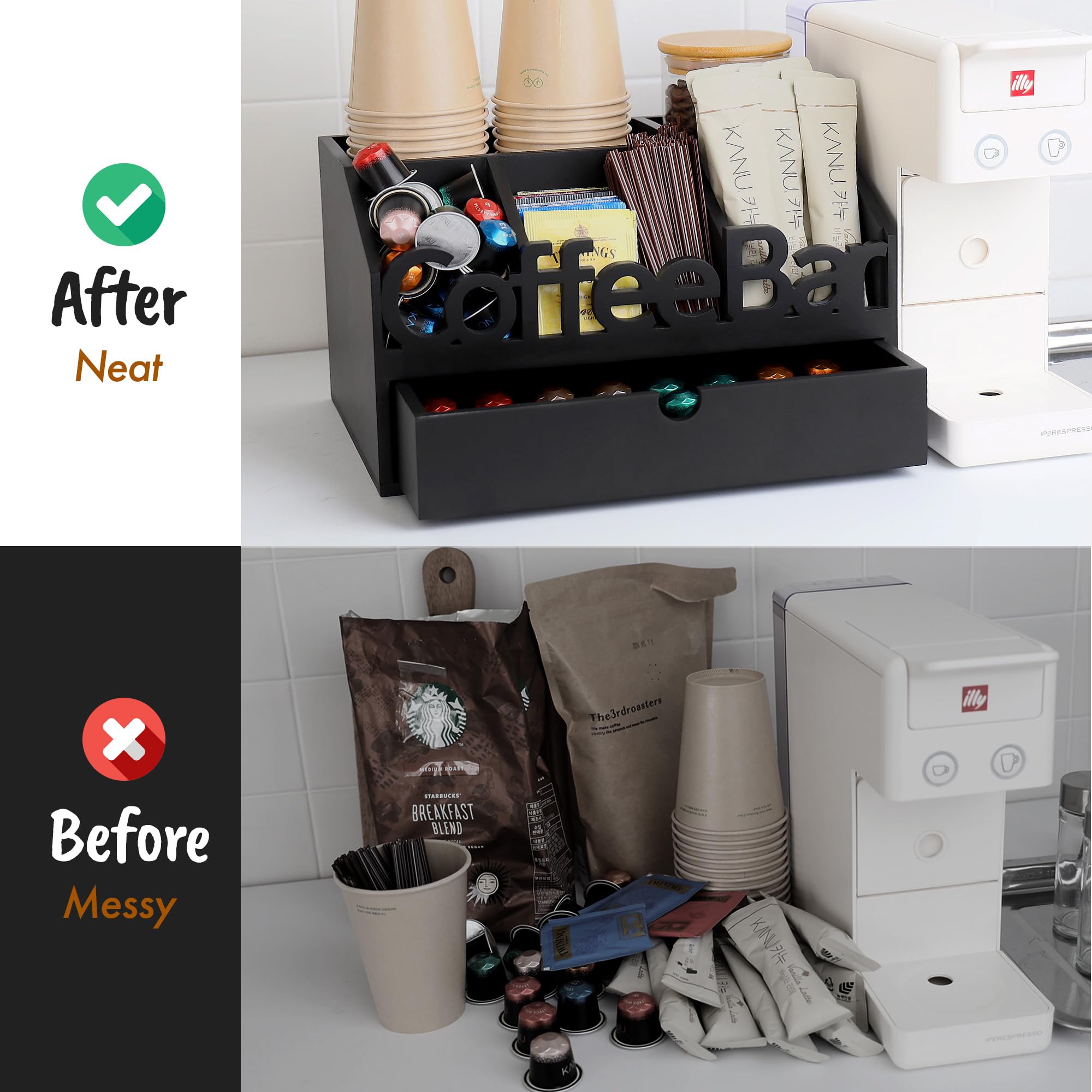 Wooden Coffee Bar Organizer with Black Drawer - Countertop Coffee Station for K-Cups, Tea & Accessories - Perfect for Home Kitchen & Office Break Room Organization