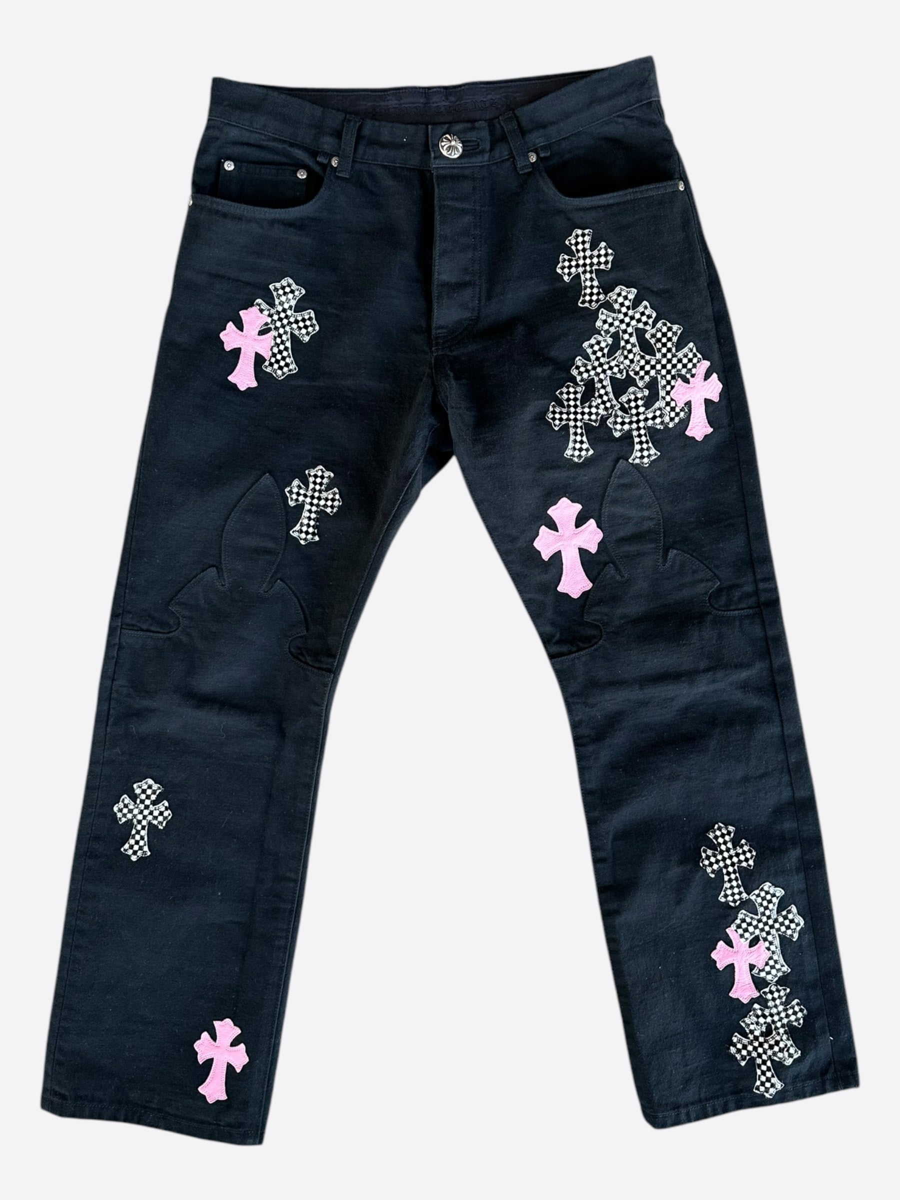 Chrome Hearts Black Pink Checkered Cross Patch Fleur Jeans - Stylish Distressed Denim for Women, Perfect for Casual Outfits & Streetwear Fashion