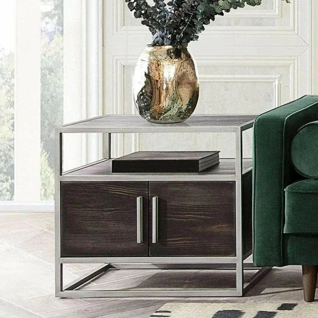 Dark Brown 2-Door End Table with Silver Metal Frame - Perfect for Living Room, Bedroom, or Office Side Table