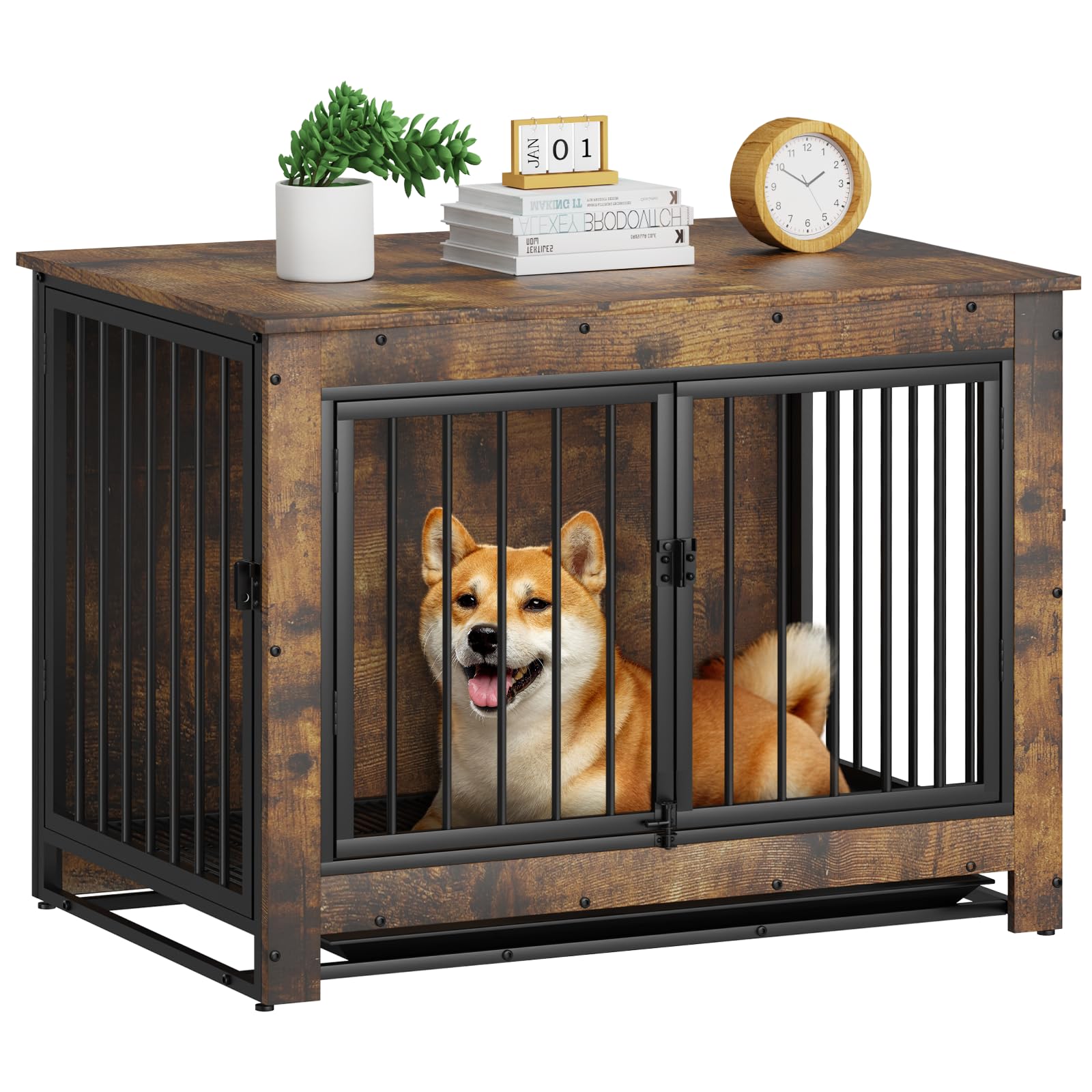 Modern Wooden Dog Crate Furniture - End Table Kennel for Medium & Large Dogs | Indoor Pet Cage with Removable Tray & Double Doors | Perfect for Living Room, Bedroom, or Home Office Decor