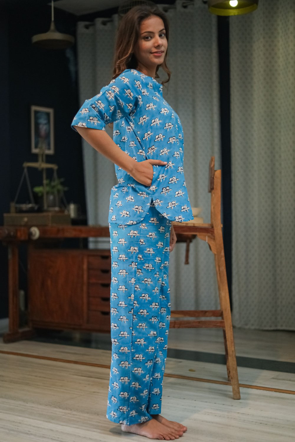 Sootisyahi 'Snooze Panda' Handblock Printed 100% Pure Cotton Night Suit for Women - Soft & Comfortable Sleepwear Set for Lounge, Travel, and Home Relaxation