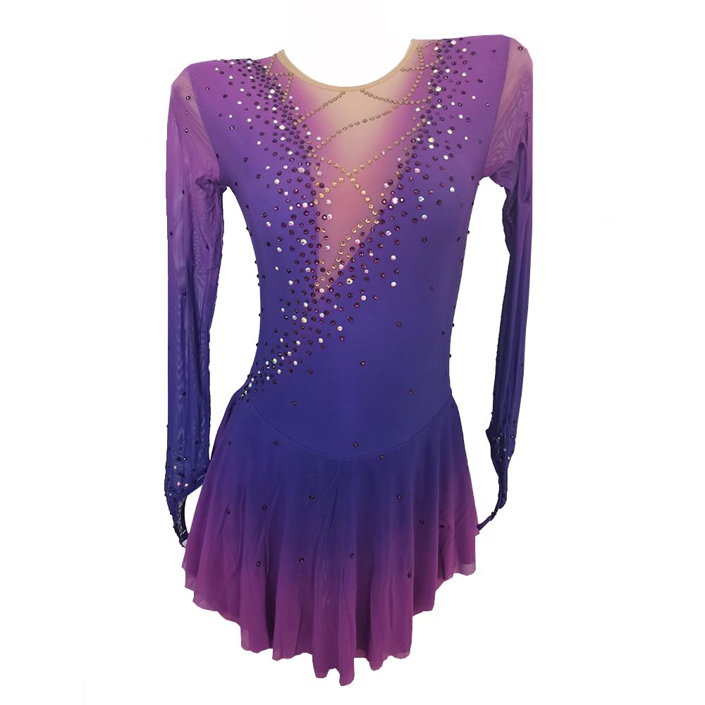 LIUHUO Black Figure Skating Skirt with Rose Red Gradient Mesh & Hook Sleeve - Elegant Performance Costume for Girls | Perfect for Ice Shows, Competitions & Dance Performances