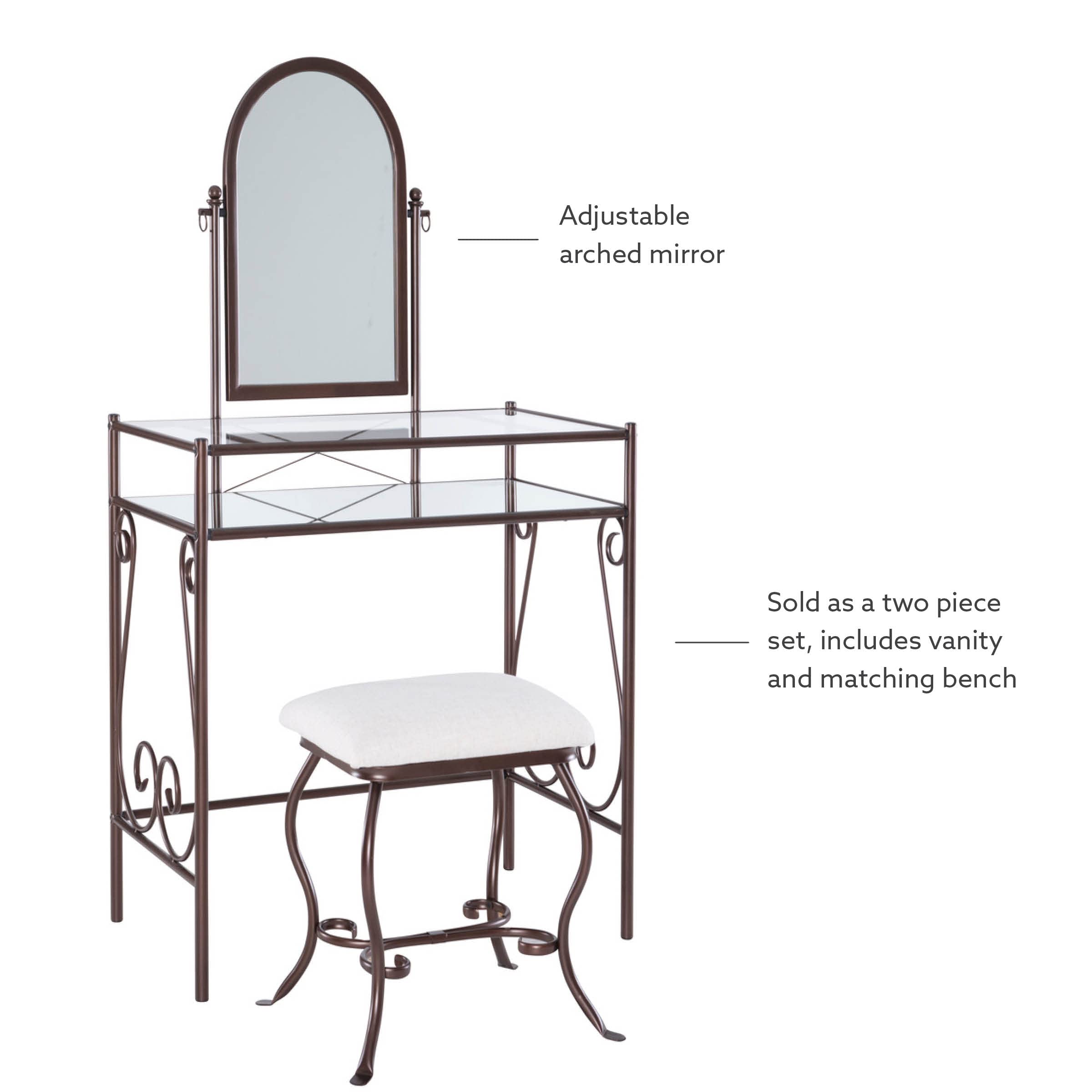 Linon Clarisse Vanity Set - Dark Metal Dressing Table with Upholstered Stool, 52.4 x 31.8 x 18.3 Inches - Perfect for Bedroom Makeup & Jewelry Organization