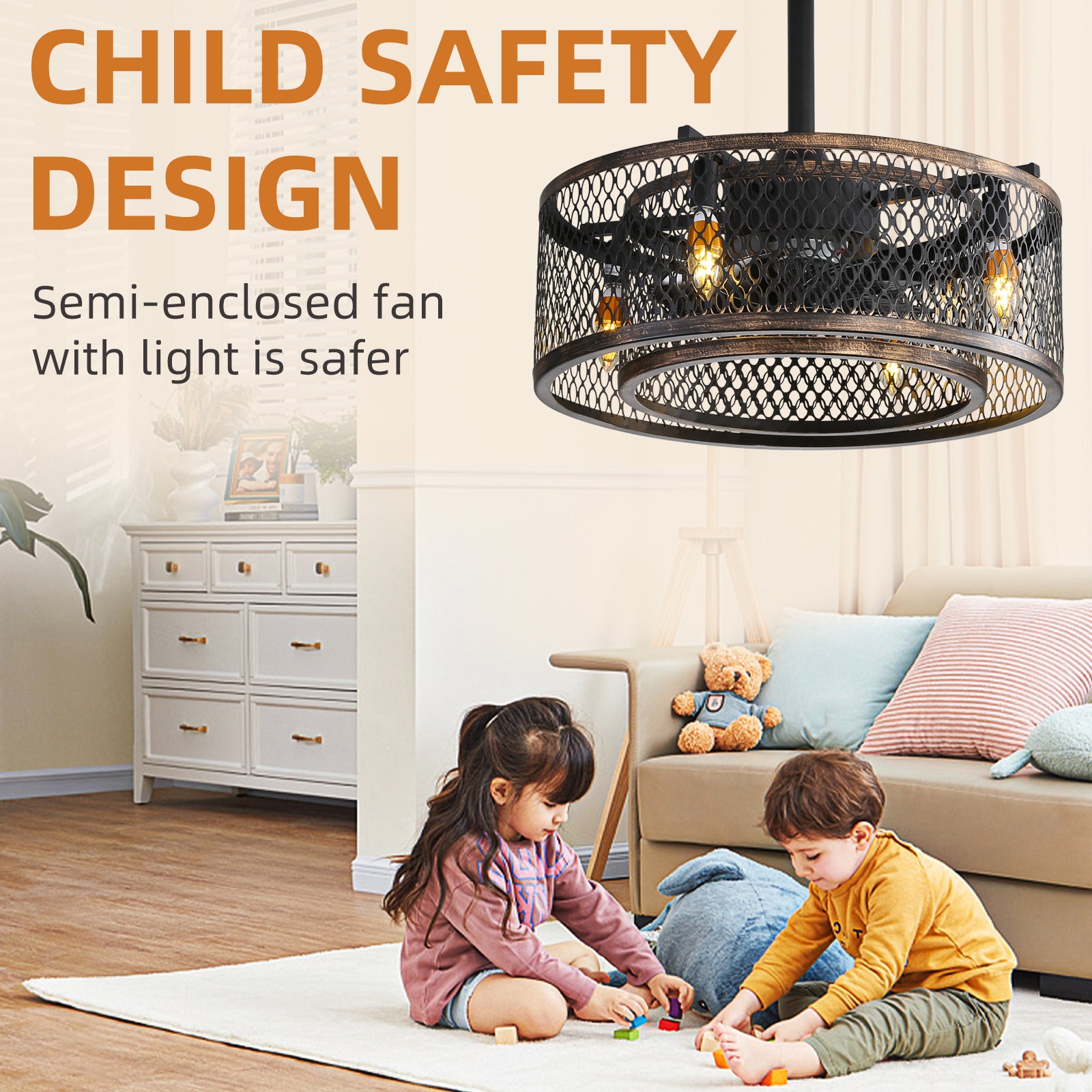 20 Inch Caged Ceiling Fan with LED Lights - Modern Indoor/Outdoor Ceiling Fan with Remote Control - Perfect for Bedroom, Living Room, Patio and Covered Porch