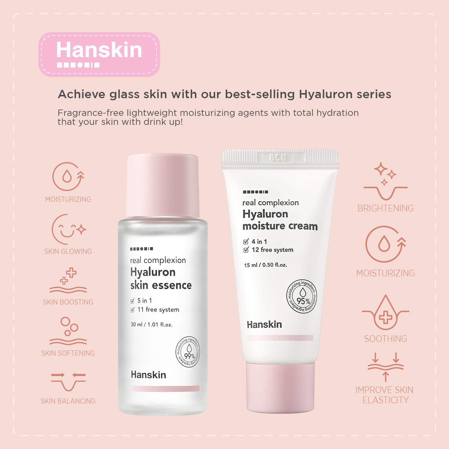 Hanskin Glass Skin On The Go Kit - 4 Piece Hydrating Skincare Set with Cleanser, Essence Toner & Moisturizer | Korean Beauty for Glowing Skin | Travel-Friendly Moisturizing Routine for Dry & Dull Skin