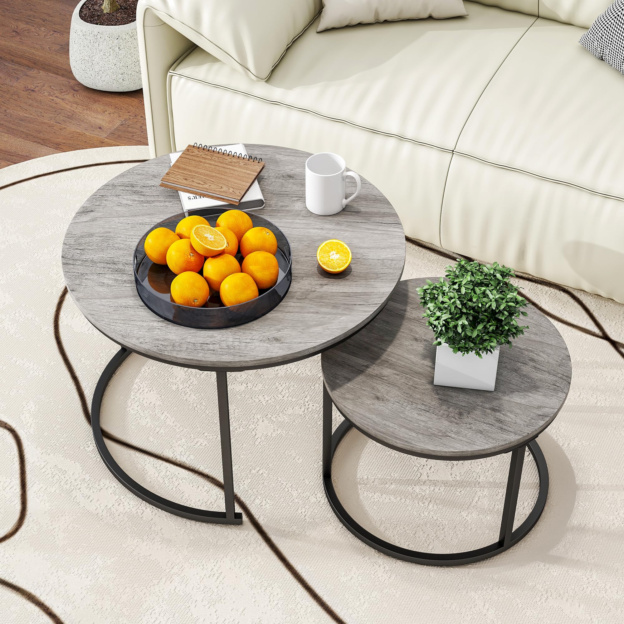 Round Nesting Coffee Table Set of 2 - Modern Wooden Accent End Tables with Metal Frame for Living Room, Stackable Side Tables in Black & Warm Grey - Perfect for Small Spaces, Apartments & Cozy Home Decor