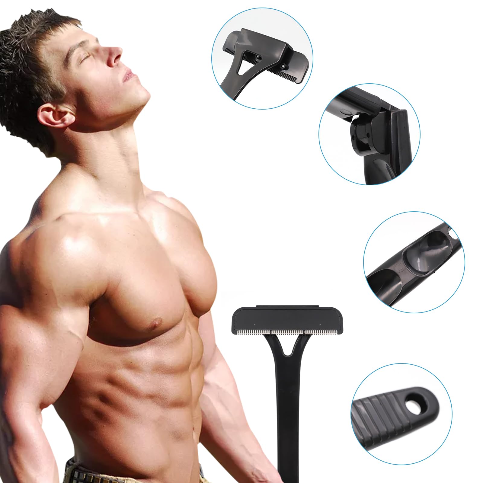 Men's Back Razor & Body Hair Trimmer - 10 Replacement Blades, Foldable Back Hair Remover for Wet/Dry Shaving | Effective Back Shaving Tool for Smooth Skin | Perfect for Home Use, Travel & Grooming Kits