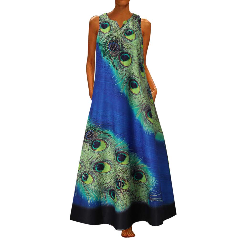 Plus Size Women's Sleeveless Peacock Print Maxi Dress - Boho Summer Beach Dress & Cocktail Party Outfit for Vacation, Wedding Guest & Special Occasions