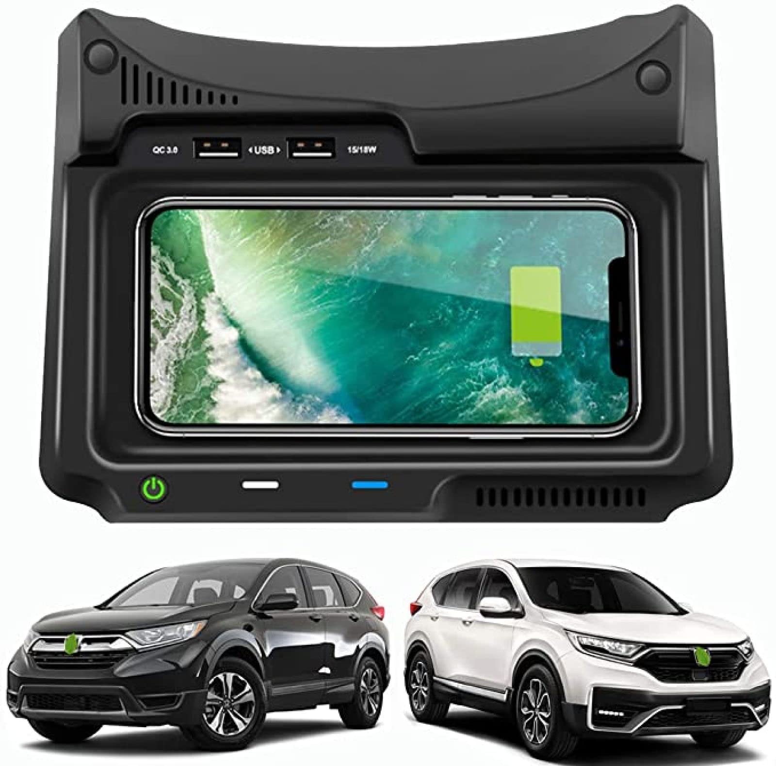18W QC3.0 & 10W Qi Wireless Car Charger for Honda CR-V 2017-2019 - Fast Charging Pad with USB Port for iPhone 11/XS/XR/X/8 & Samsung S20/S10/S9/S8 - Perfect for Road Trips & Daily Commutes