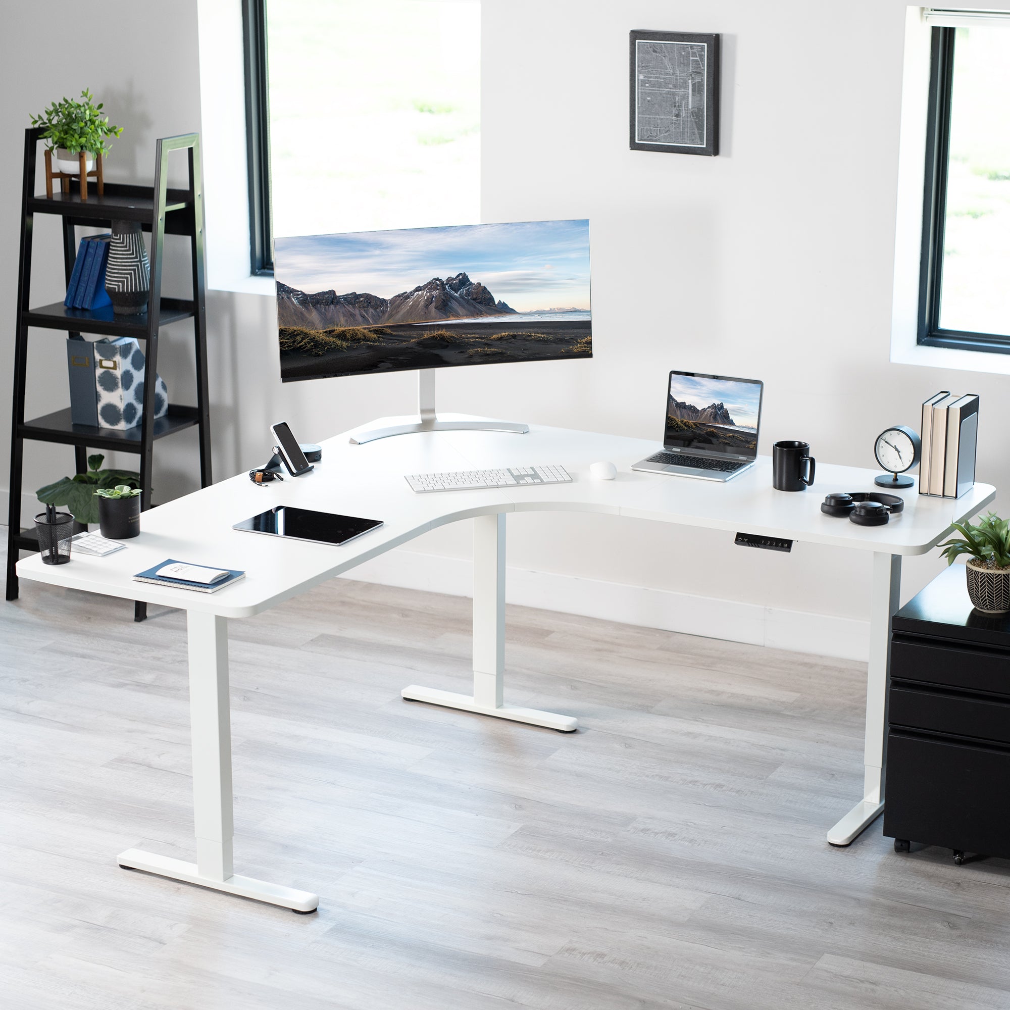 E3 Series Curved Corner Triple Motor Electric Standing Desk with Push Button Memory Controller - Adjustable Height Home Office Desk for Work, Gaming & Study