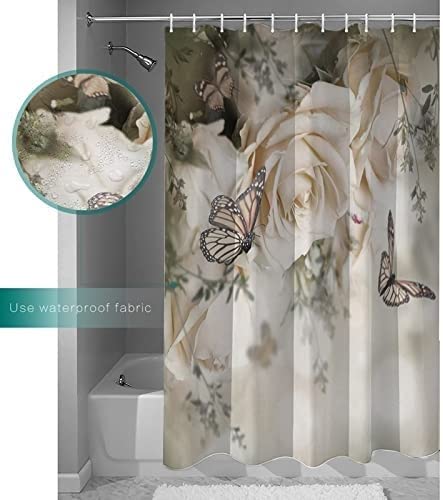 Waterproof Fabric Shower Curtain Liner with Rose Flower & Butterfly Design - 165x180cm Bathroom Decor for Home, Spa & Guest Room Use