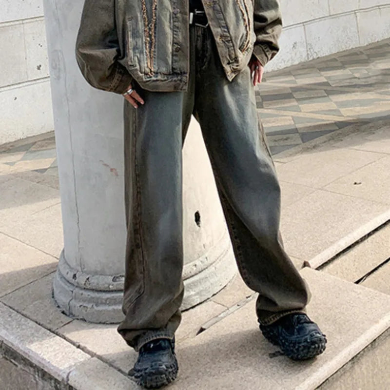 Trendy Men's Denim Jacket & Jeans Set - American High Street Washed Straight Fit with Turn-Down Collar | Gradient Wash Casual Outfit for Fall (Style 9C8908) - Perfect for Streetwear, Date Nights & Autumn Fashion