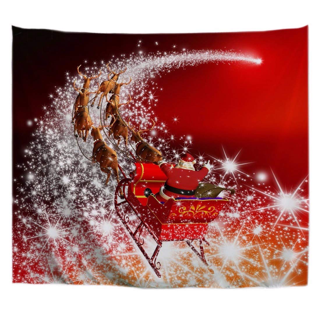 Santa Claus Riding Sleigh with Reindeer on Starry Night - Red Christmas Wall Hanging Tapestry Art Decor for Bedroom, Living Room & Holiday Party Decoration