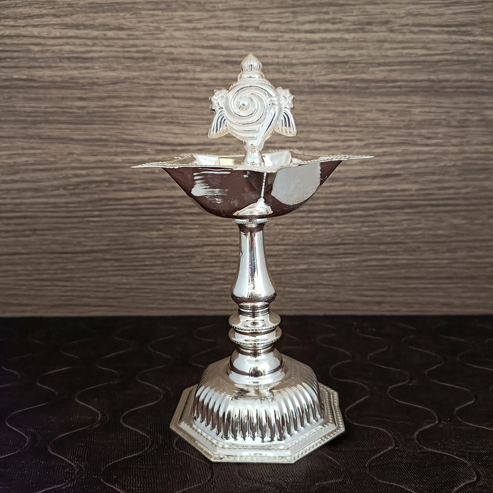 925 Sterling Silver Shankh Long Diya Pooja Lamp - Hindu Religious Ceremonial Oil Lamp for Home Temple, Puja Altar & Spiritual Decor (Design 51)