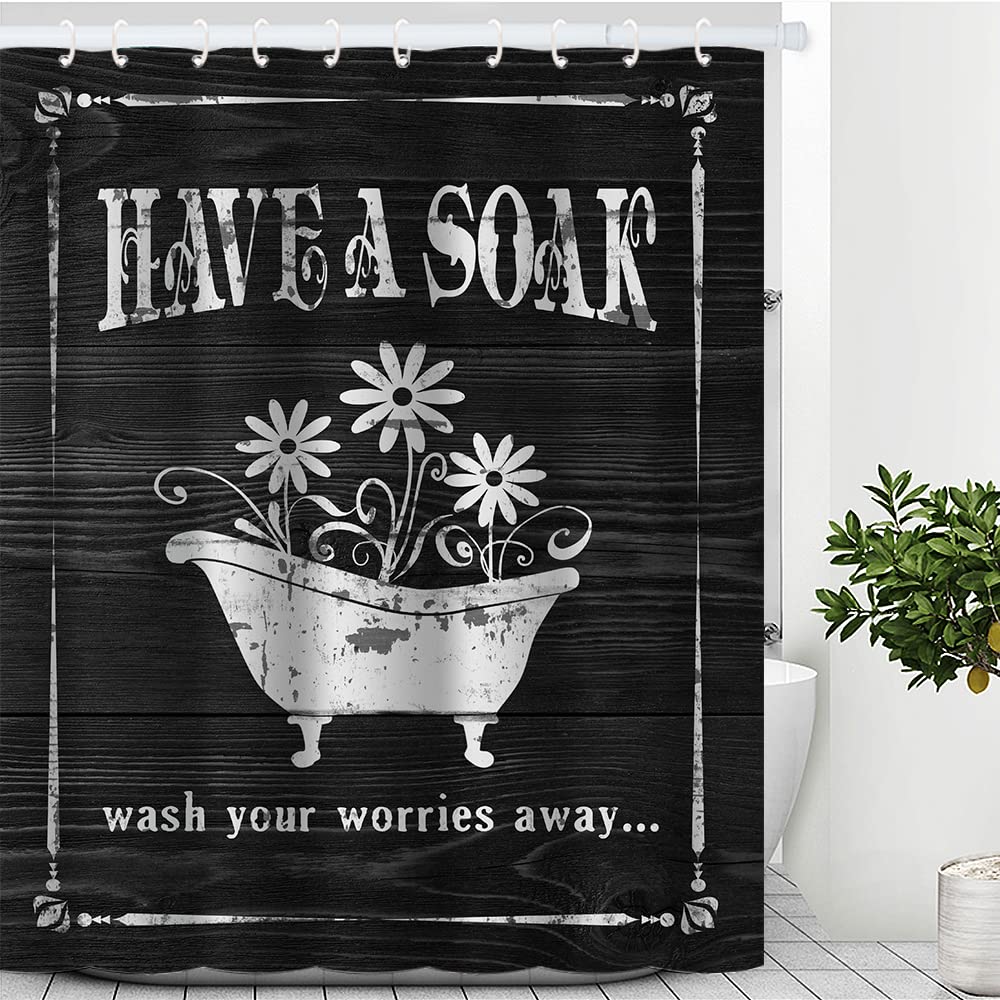 COLOR VALLEY ART Black and White Waterproof Shower Curtain Set - Modern Bathroom Decor with 12 Hooks, Machine Washable Fabric Bath Curtain for Stylish Home & Spa Experience (A-Have a Soak-Black)