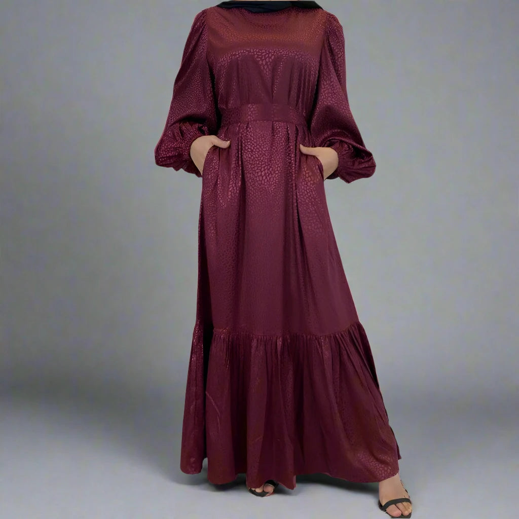 Elegant Muslim Women's Satin Printed Abaya Dress with Pockets - Modest Islamic Prayer Dress for Mosque, Eid & Special Occasions