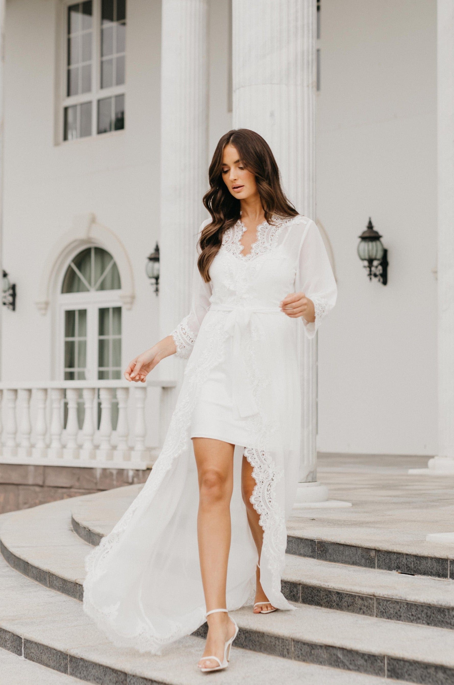 Elegant Hannah Lace Trim Maxi Bridal Robe with Slip - Perfect for Wedding Morning, Bridal Shower & Honeymoon Getaway