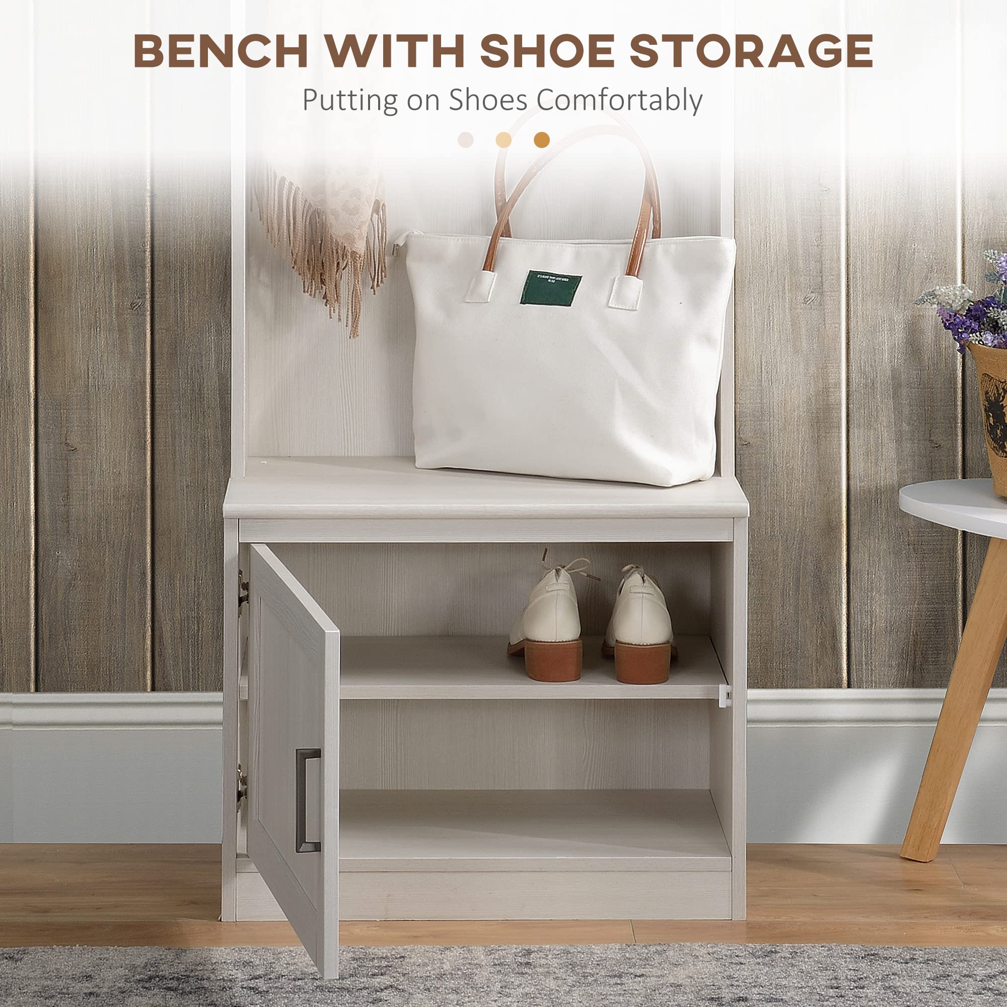 HOMCOM Narrow Hall Tree with Shoe Storage Bench - Rustic Entryway Coat Rack with Shelves for Hallway, Mudroom & Foyer - White Wood Grain Finish for Home Organization & Space Saving